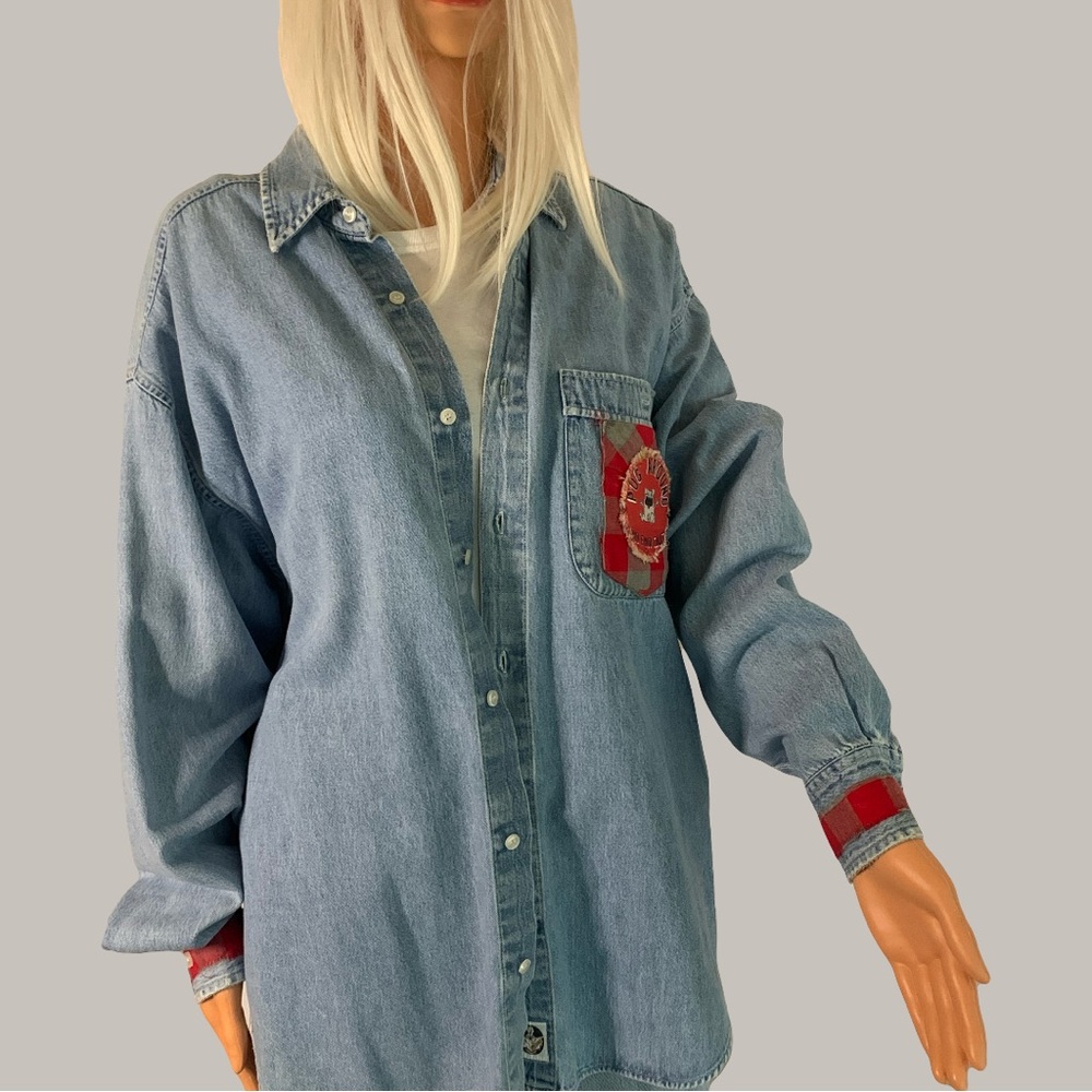 Upcycled Denim Boyfriend Button-Up Pug Shirt with Red Accents and Embellishments